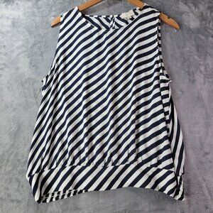 LOFT Outlet Womens‎ L Sleeveless Blouse Navy White Striped High Low Hem Nautical